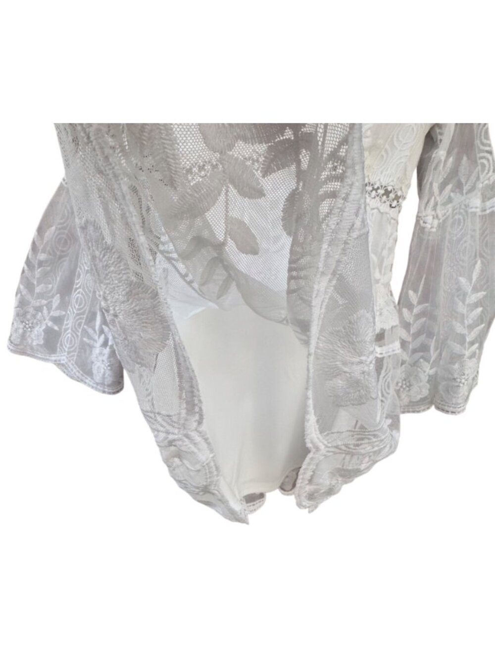 Southern Fried Chics Medium White Lace V-Neck Dress Bell Sleeves & Embroidered - Picture 7 of 14